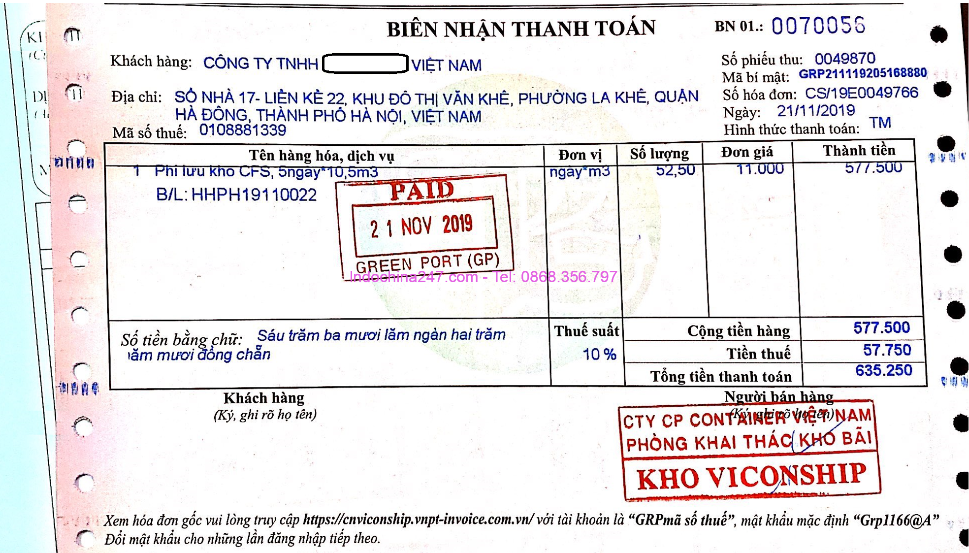 Biên lai thu phí lưu kho CFS hàng lẻ mỹ phẩm từ Hàn Quốc Indochina247.com