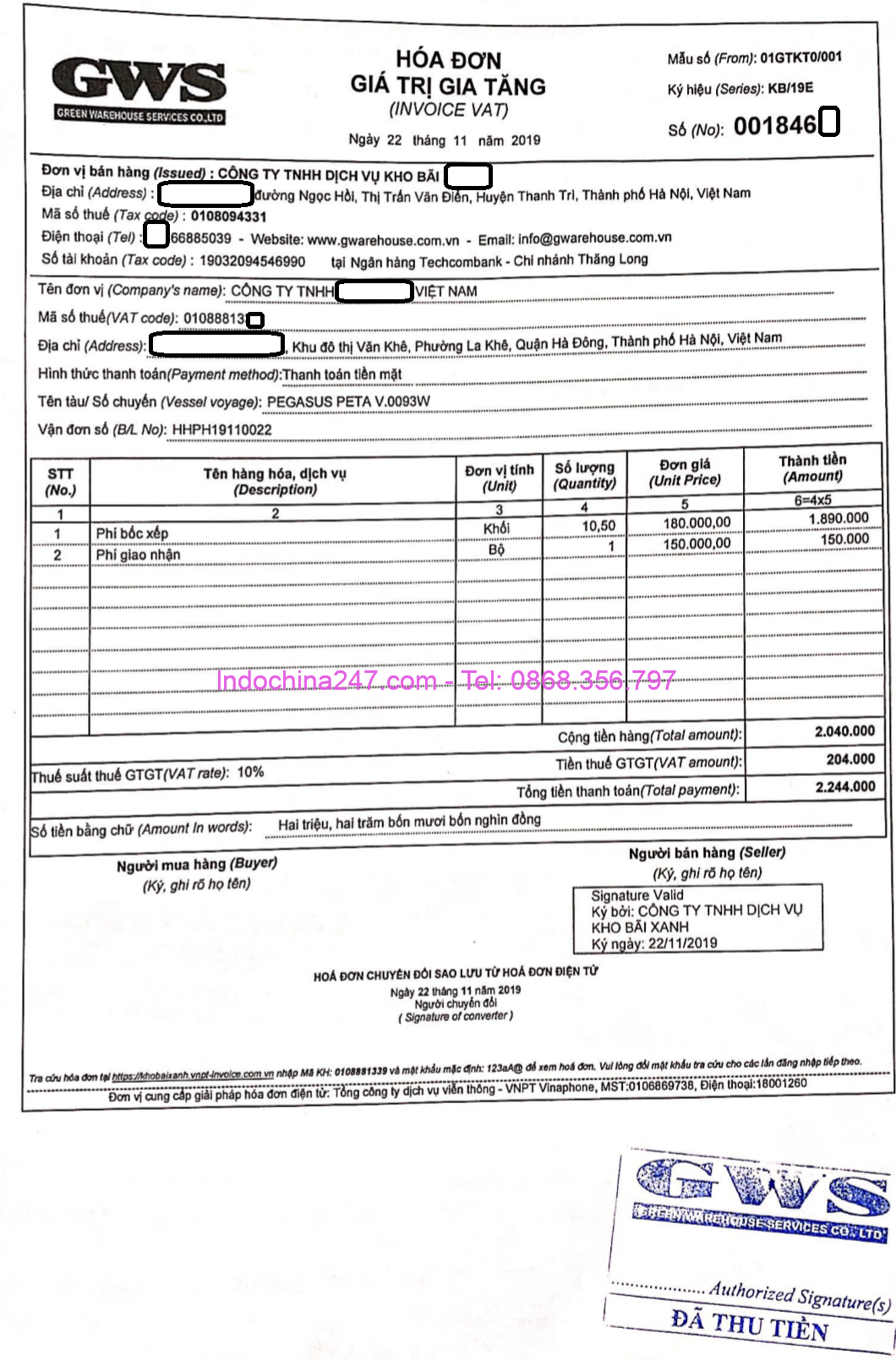 Hóa đơn phí bốc xếp giao nhận - Indochina247.com