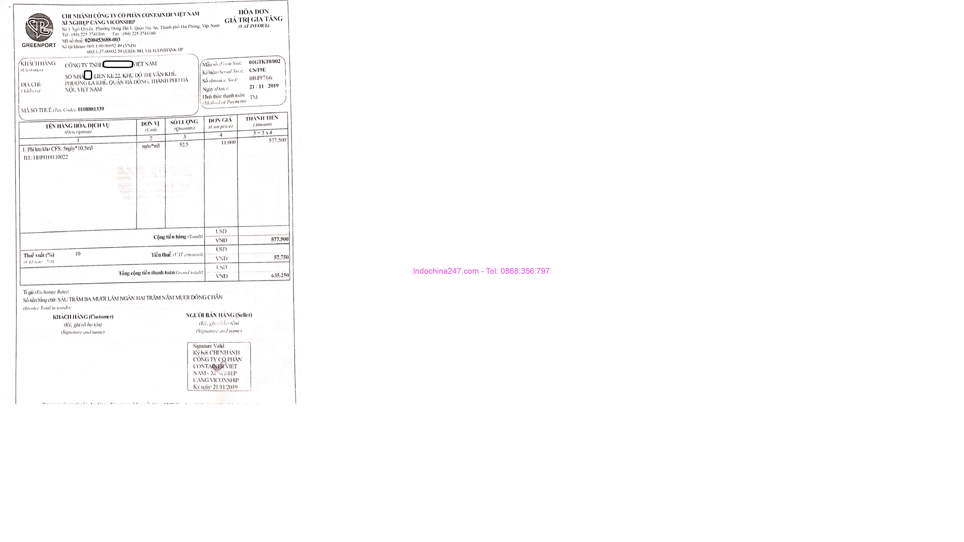Hóa đơn lưu kho lô hàng nhập khẩu - Indochina247.com