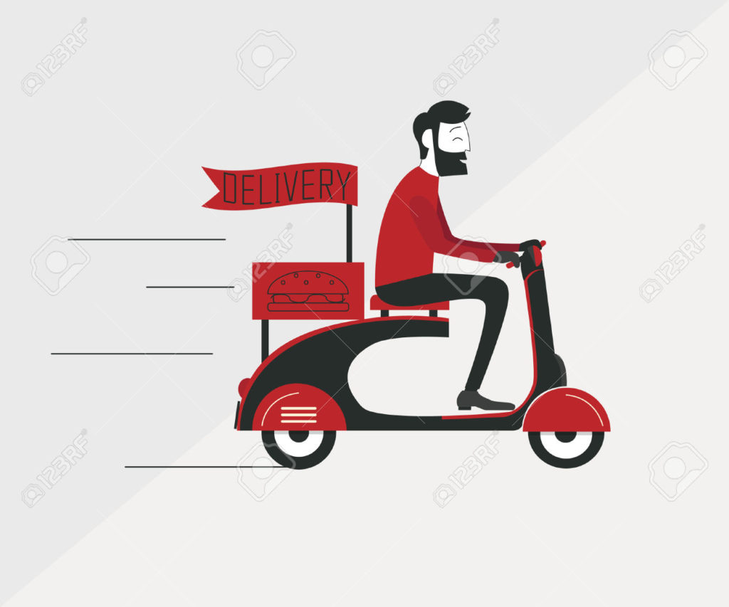 56878012 Delivery man courier worker riding scooter Stock Photo